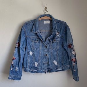 CITIGIRL embroidered floral distressed jean jacket | size large